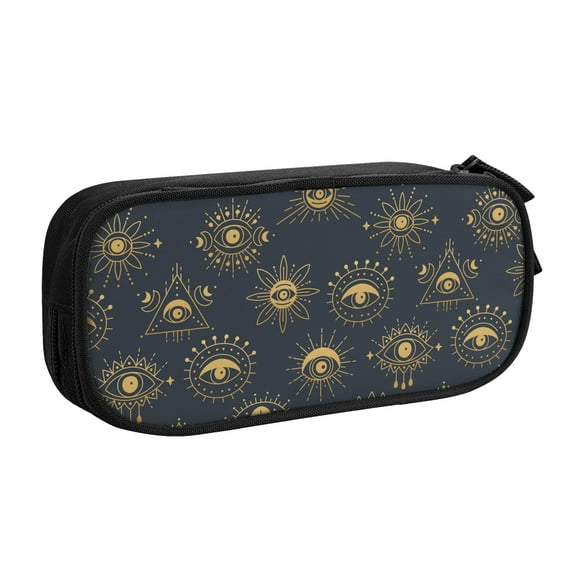 TEQUAN Large Capacity Pencil Case, Gold Evil Talisman Eyes Pattern Pencil Pouch 2 Compartments Pencil Bag (Black)