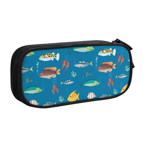 TEQUAN Large Capacity Pencil Case, Ocean Underwater Fish Pattern Pencil Pouch 2 Compartments Pencil Bag (Black)