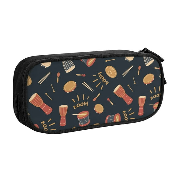 TEQUAN Large Capacity Pencil Case, Percussion Drums Music Day Pattern Pencil Pouch 2 Compartments Pencil Bag (Black)