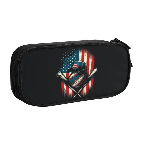 TEQUAN Large Capacity Pencil Case, Ptriotic American Baseball Flag Pattern Pencil Pouch 2 Compartments Pencil Bag (Black)