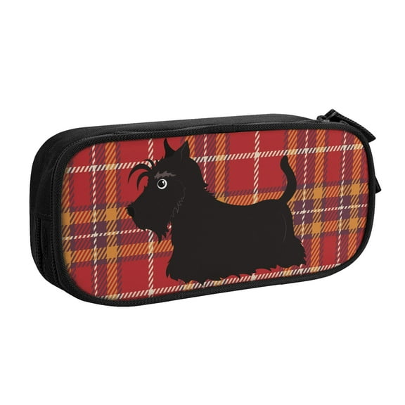 TEQUAN Large Capacity Pencil Case, Red Plaid Black Scottish Terrier Pattern Pencil Pouch 2 Compartments Pencil Bag (Black)