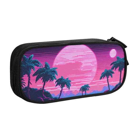 TEQUAN Large Capacity Pencil Case, Retro Vaporwave Palm Trees Pattern Pencil Pouch 2 Compartments Pencil Bag (Black)