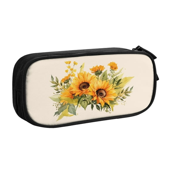 TEQUAN Large Capacity Pencil Case, Vintage Watercolor Sunflowers Pattern Pencil Pouch 2 Compartments Pencil Bag (Black)
