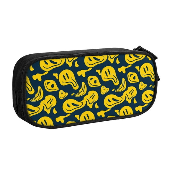 TEQUAN Large Capacity Pencil Case, Yellow Distorted Creepy Smiles Pattern Pencil Pouch 2 Compartments Pencil Bag (Black)