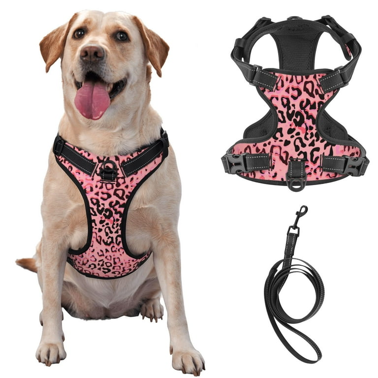 TEQUAN Large Dog Harness with Leash, Animal Leopard Print Pink