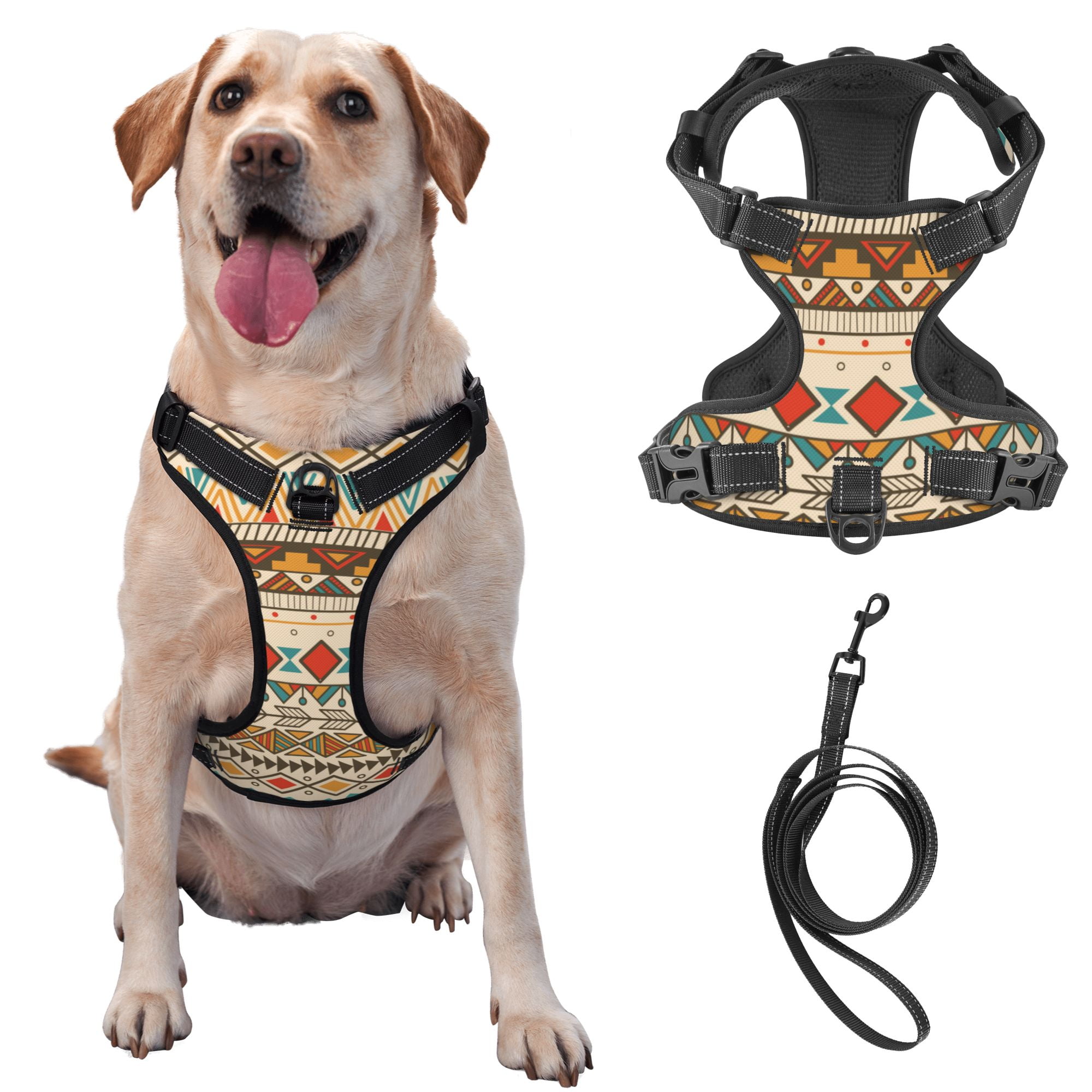 TEQUAN Large Dog Harness with Leash Native Boho Retro Ethnic Style Prints Reflective No Pull Adjustable Pet Vest L Walmart