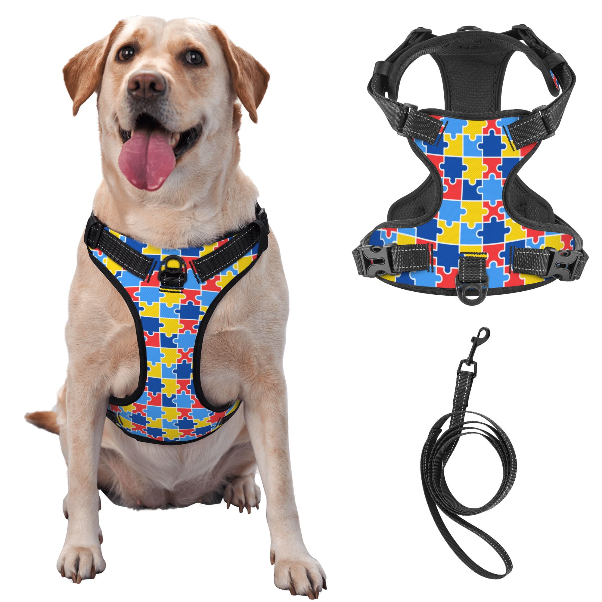 TEQUAN Large Dog Harness with Leash Autism Day Colorful Puzzle Prints Reflective No Pull Adjustable Pet Vest XL Walmart