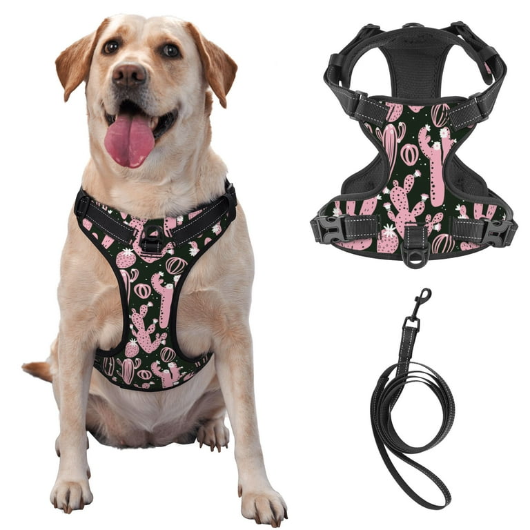 TEQUAN Medium Dog Harness with Leash Pink Cactus Plant Prints Reflective No Pull Adjustable Pet Vest M Walmart