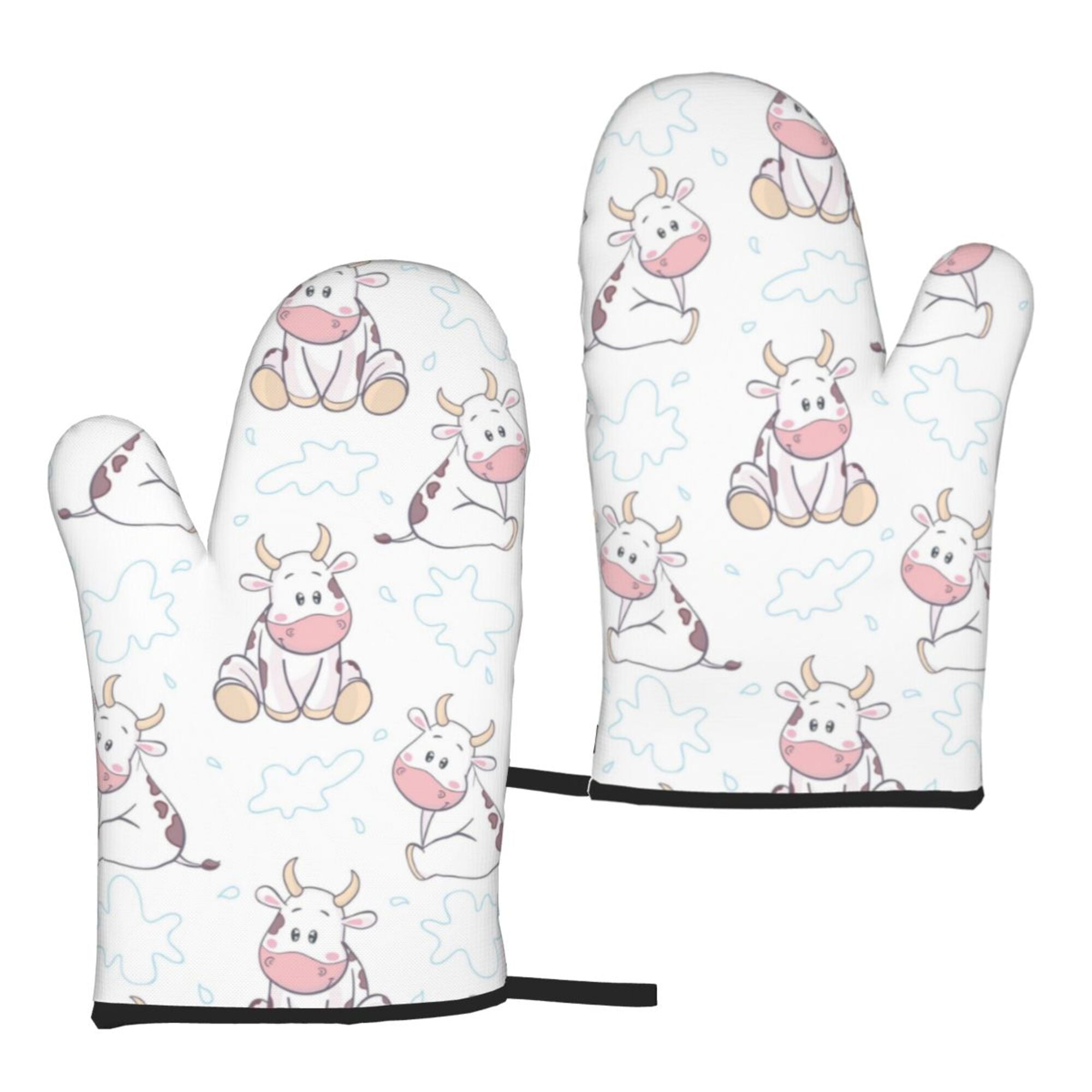 TEQUAN Oven Mitts, Animals Doodle Cartoon Cows Pattern Heat Resistant