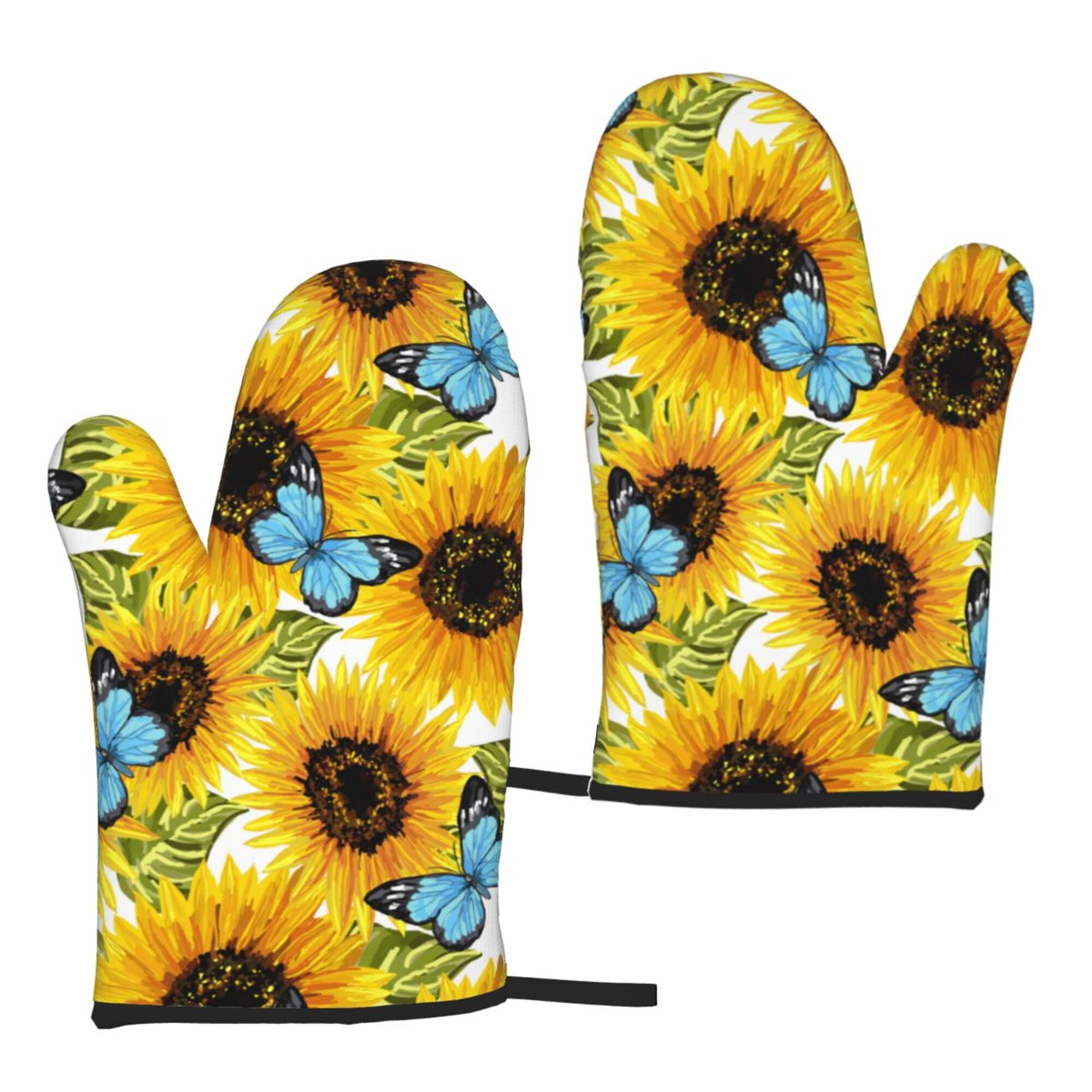 TEQUAN Oven Mitts, Blue Butterflies Sunflowers Pattern Heat Resistant Microwave Oven Gloves, Set of 2