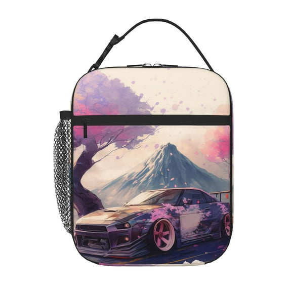 TEQUAN Portable Lunch Bag, Cherry Blossoms Racing Car Pattern Reusable Insulated Lunch Box for Travel Work School Picnic