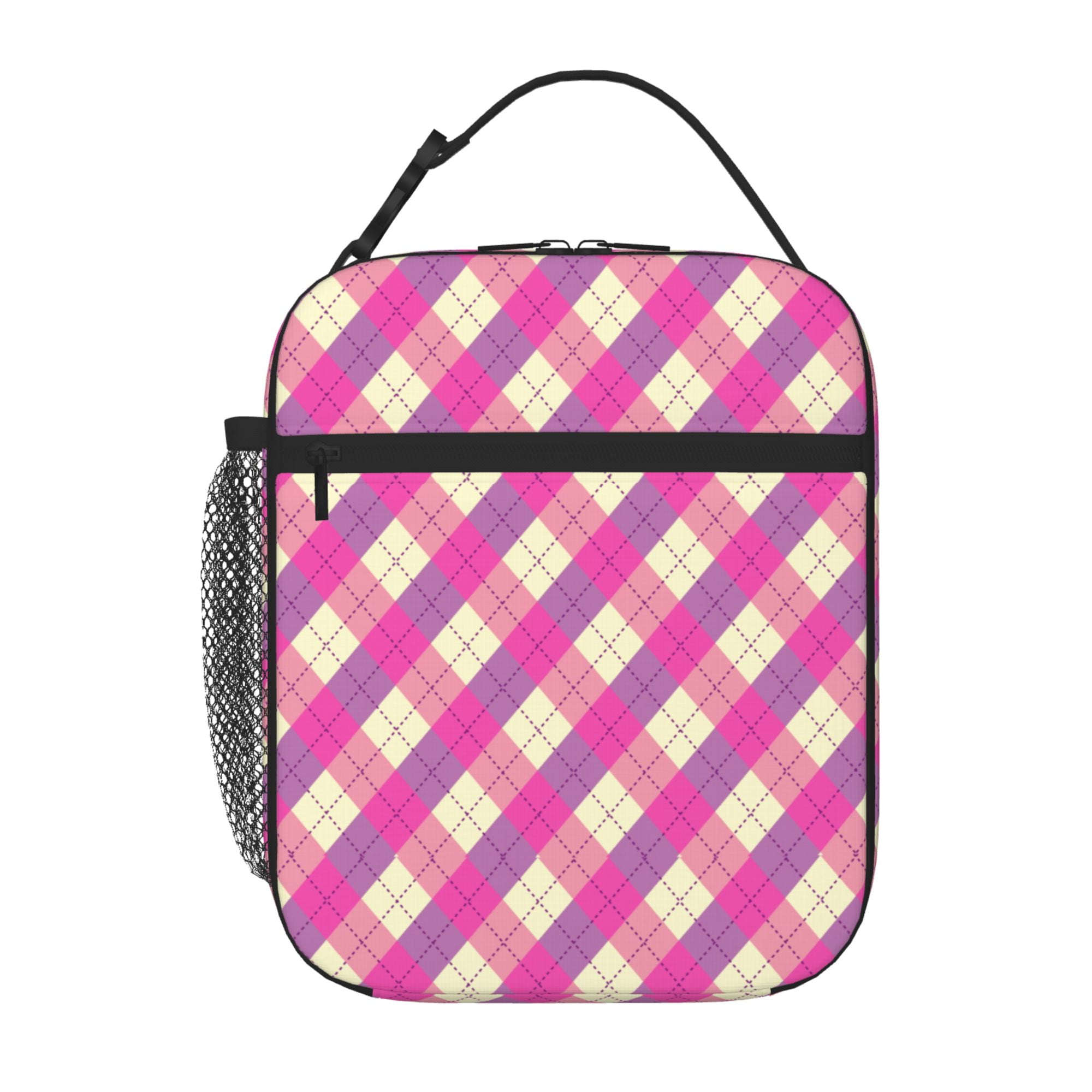 TEQUAN Portable Lunch Bag, Pastel Pink Plaid Argyle Plaid Pattern Reusable Insulated Lunch Box for Travel Work School Picnic