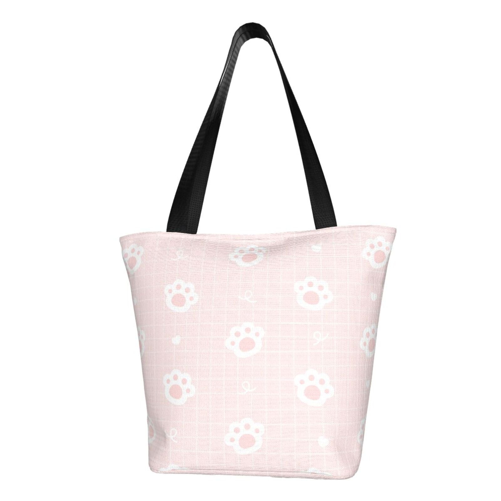 TEQUAN Reusable Shoulder Tote Bags, Cute Cat Pink Paws Footprint Prints