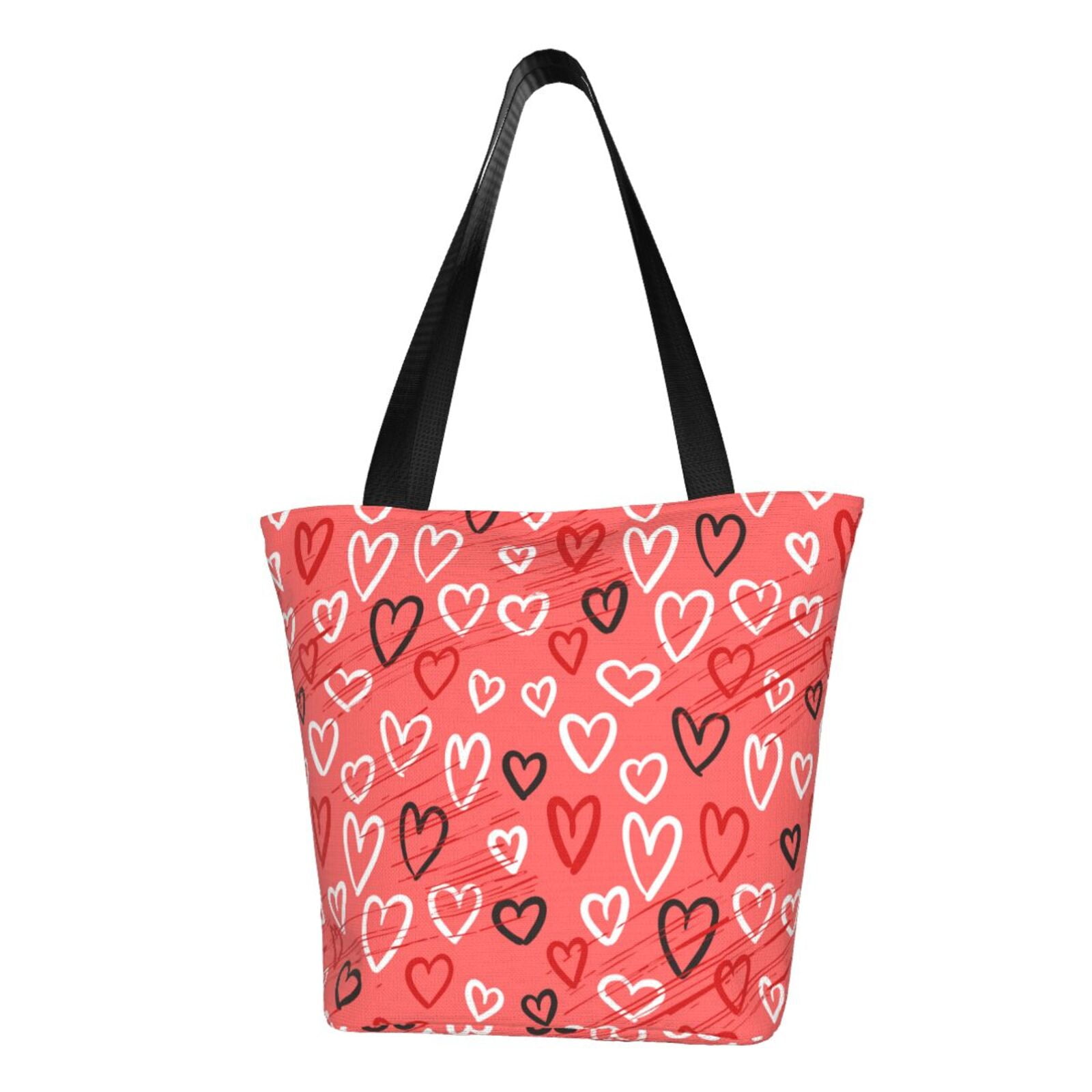 TEQUAN Reusable Shoulder Tote Bags Cute Hearts Doodles Pink Prints Polyester Casual Shopping Grocery Bag for Women