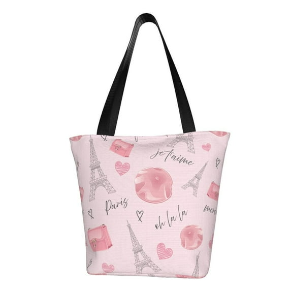 TEQUAN Reusable Shoulder Tote Bags, Cute Pink Parisian Style Prints Polyester Casual Shopping Grocery Bag for Women