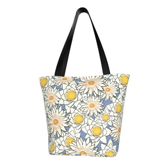 TEQUAN Reusable Shoulder Tote Bags, Lotus Water Lily Flowers Prints Polyester Casual Shopping Grocery Bag for Women