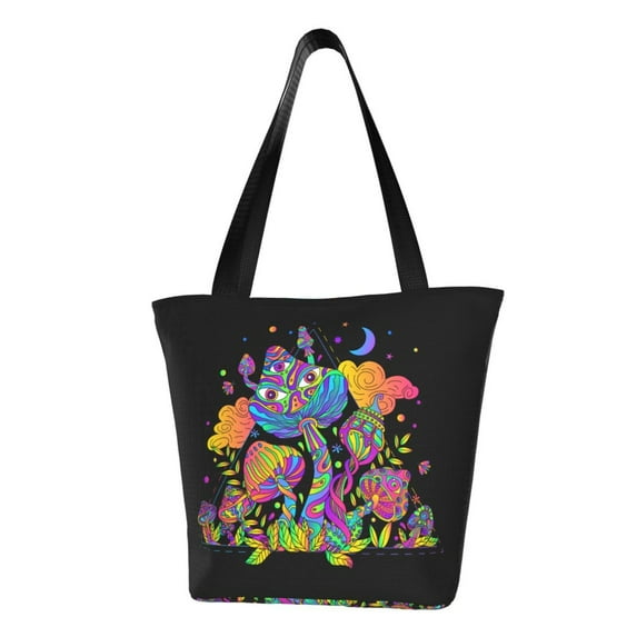 TEQUAN Reusable Shoulder Tote Bags, Neon Colored Trippy Mushroom Prints Polyester Casual Shopping Grocery Bag for Women