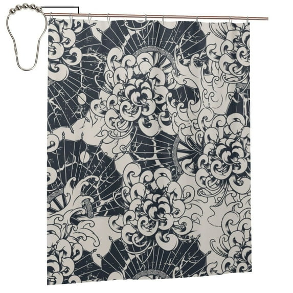 TEQUAN Shower Curtain for Bathroom, Japanese Style Floral Printed Waterproof Polyester Bathroom Curtain with Hooks, 60" x 72"