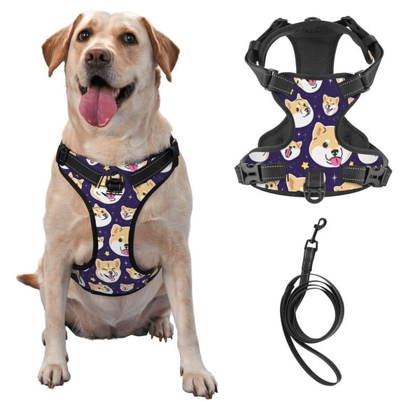TEQUAN Small Dog Harness with Leash, Cartoon Funny Shiba Inu Dog Prints Reflective No Pull Adjustable Pet Vest (S)