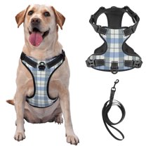 TEQUAN Small Dog Harness with Leash, Retro Blue Plaid Lines Prints Reflective No Pull Adjustable Pet Vest (S)
