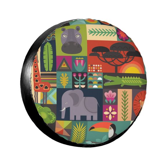 TEQUAN Universal Waterproof Spare Tire Cover, Dustproof Sun Protection Cartoon African Animals Jungle Pattern Wheel Cover, 17 inch
