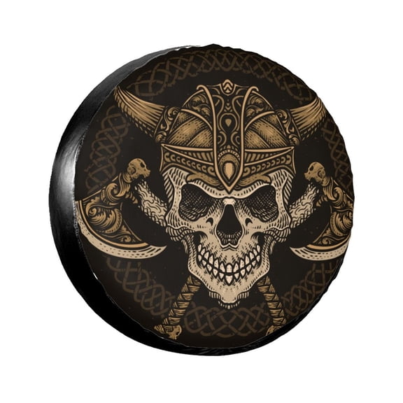 TEQUAN Universal Waterproof Spare Tire Cover, Dustproof Sun Protection Cartoon Viking Skull Pattern Wheel Cover, 15 inch