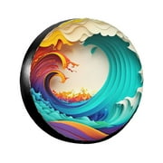 TEQUAN Universal Waterproof Spare Tire Cover, Dustproof Sun Protection Minimalist Tidal Tsunami Waves Pattern Wheel Cover, 14 inch