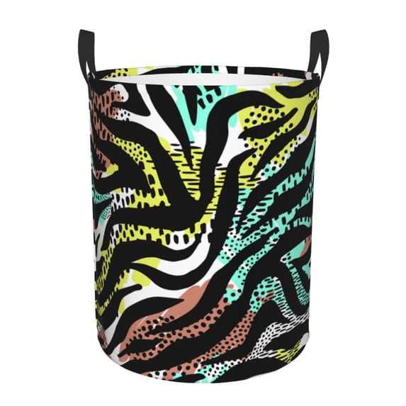 TEQUAN Waterproof Laundry Hampers, Colorful Zebra Exotic Animal Pattern Clothes Storage Basket with Handle (M)