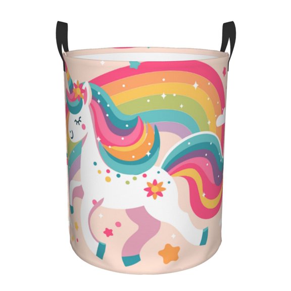 TEQUAN Waterproof Laundry Hampers, Cute Pink Unicorn Rainbow Pattern Clothes Storage Basket with Handle (S)