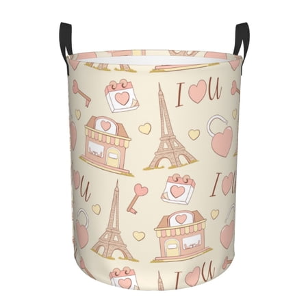 TEQUAN Waterproof Laundry Hampers, Paris Eiffel Tower Love Pattern Clothes Storage Basket with Handle (S)