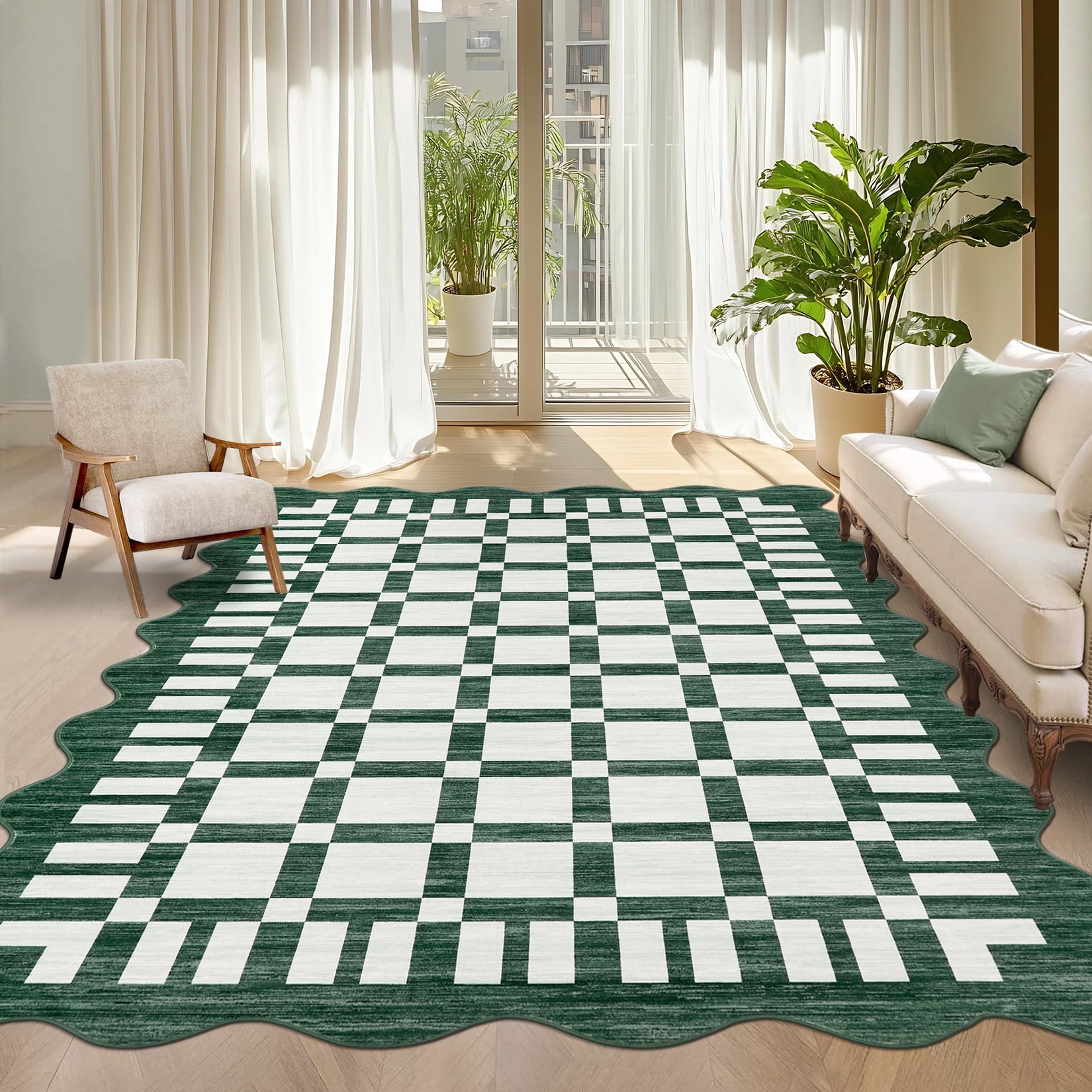 TEREDNAT 10'x13' Washable Woven Fiber Area Rug, Scalloped Checkered Low ...