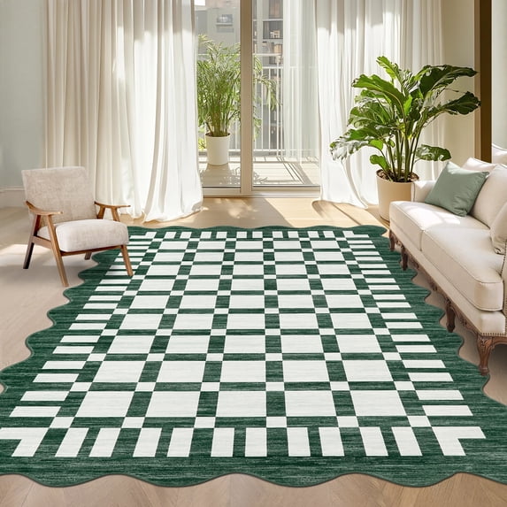 Check Floor Rug TEREDNAT 10'x13' Washable Woven Fiber Area Rug, Scalloped Checkered Low ...