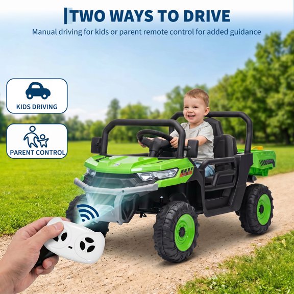 TEREDNAT 12V Kids Ride-On Dump Truck with Trailer, Remote Control, Dump Bed, LED Headlights, MP3 and Horn, Green