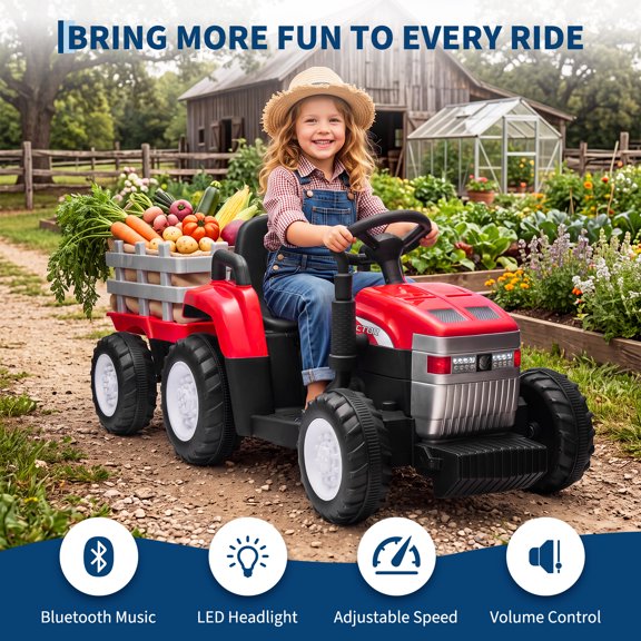 TEREDNAT 12V Kids Ride-On Tractor with Trailer, Dual 35W Motors, Parent Remote, Wireless Music, 2.8 MPH, Ages 3+, Red