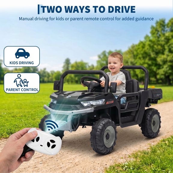 TEREDNAT 12V Kids Ride-On UTV/ATV with Trailer, Remote Control, Dump Bed, LED Headlights, MP3 and Horn, Black