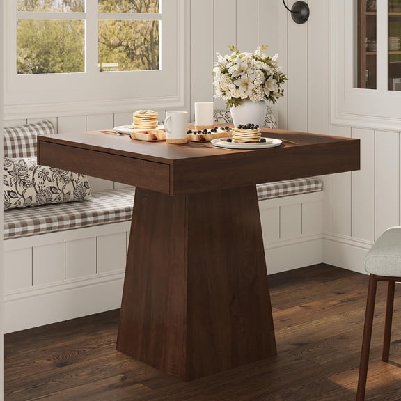 TEREDNAT 31.5" Square Farmhouse Dining Table for 2-4 with 2 Storage Drawers, Space-Saving Pedestal Base Kitchen & Breakfast Nook Table, Easy-Clean Wood Look, Vintage Brown