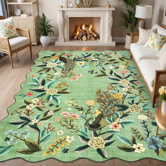 TEREDNAT 4'x6' Scalloped Floral Peacock TPE-Backed Area Rug, Washable ...