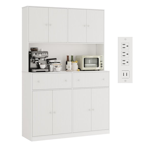 TEREDNAT 71" Tall Fluted Kitchen Pantry Cabinet with Countertop & Built-In Charging Station, 47" W Freestanding Storage Cabinet with 2 Drawers & Adjustable Shelves for Dining Room/Living Room - White