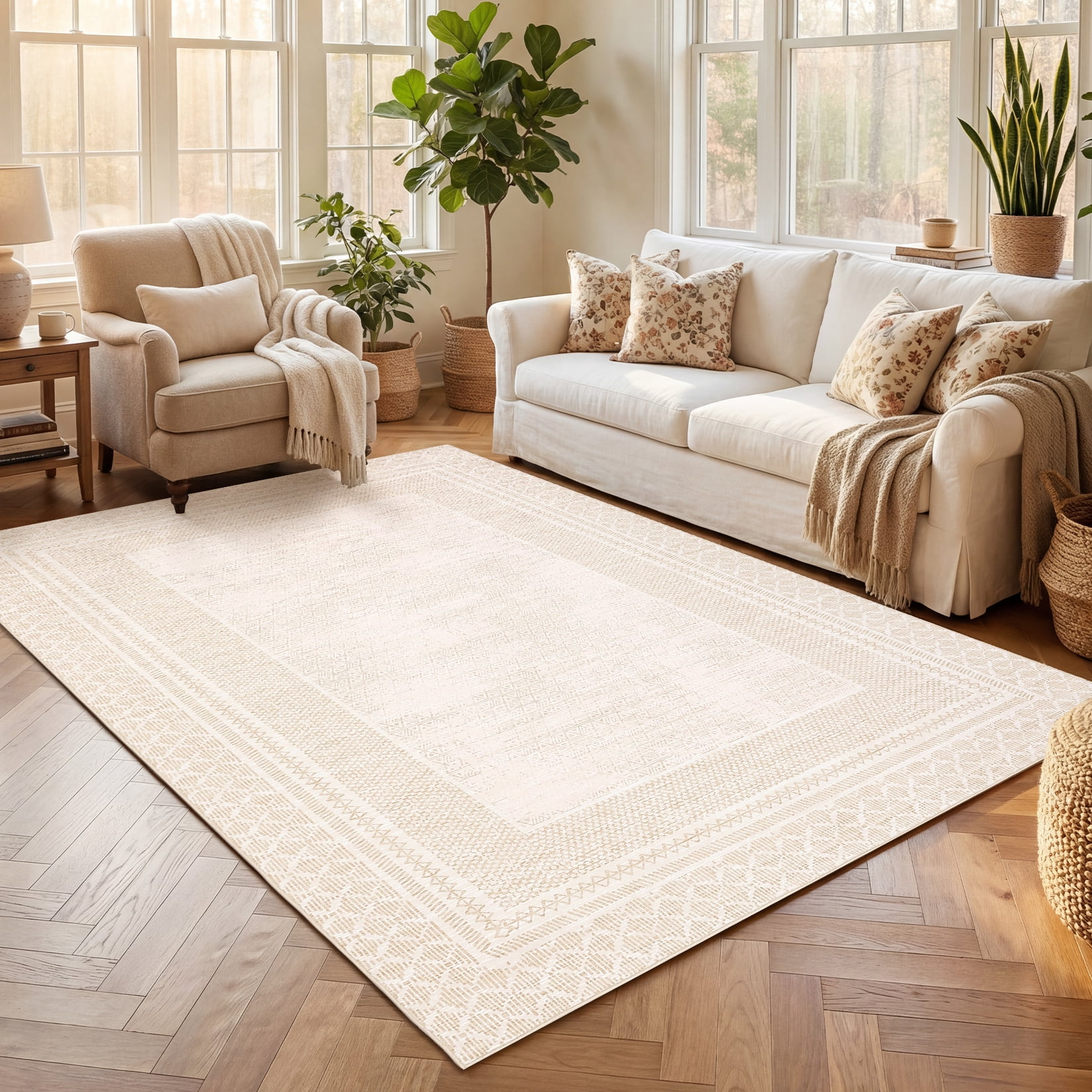 Beige Border Rug TEREDNAT 9'x12' Washable Geometric Border Area Rug, Soft Low-Pile TPE ...