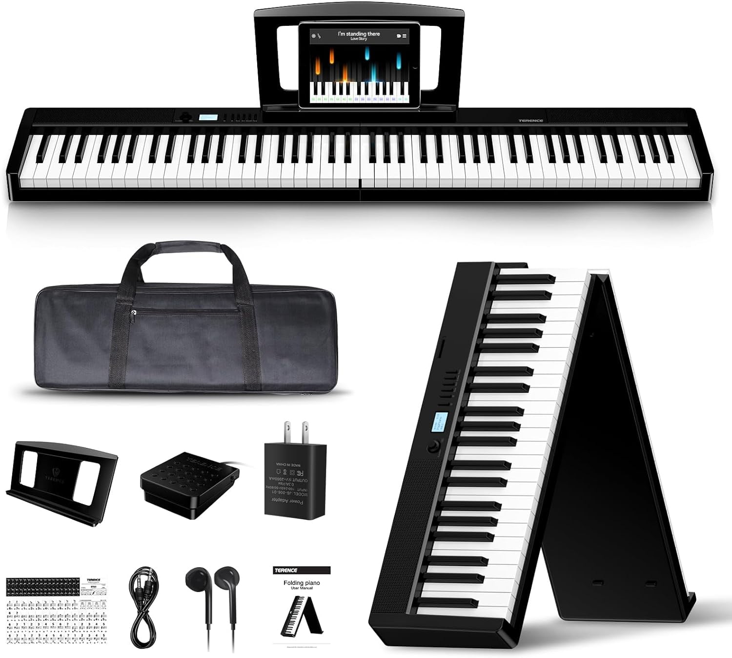 Terence 88-Key Folding Digital Piano Keyboard, Weighted, Full Size with 2X5W Speakers, Music Stand, Earphones and Sustain Pedal