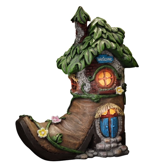 TERESA'S COLLECTIONS Boot Fairy House Garden Statues with Solar Outdoor Light for Garden Decor, Resin Fairy Garden Accessories Outdoor, Home Decorations Lawn Ornaments Yard Decor Gifts for Mom, 6"