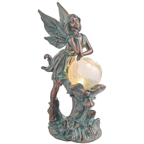 TERESA'S COLLECTIONS 12.4" Fairy Garden Statue with Solar Light, Patina Bronze Resin Sculpture with Crackle Glass