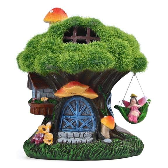 TERESA'S COLLECTIONS 5.1" Resin Fairy House Statue with Solar Light, Outdoor Garden Decor, Gift for Mom