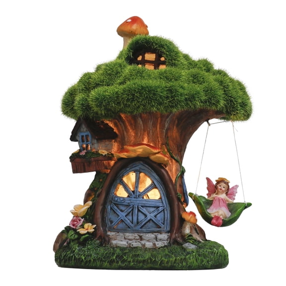 TERESA'S COLLECTIONS Fairy House Outdoor Statues with Solar Light for Garden Decor, Green Moss Resin Outdoor Cottage with Swinging Fairy, Lawn Ornaments Yard Decor Gifts for Mom Women, 8"