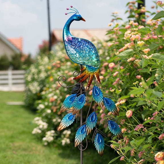 TERESA'S COLLECTIONS Garden Decor Blue Peacock with Solar Outdoor Lights, 40" Glass Yard Art for Outside, Decorative Metal Stake Outdoor Decor for Lawn Decorations, Patio, Gifts for Mom