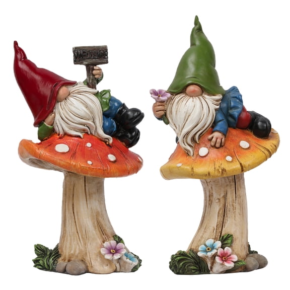 TERESA'S COLLECTIONS Garden Gnomes on Mushroom, Set of 2 Cute Resin Gnome Statues for Yard, Outdoor Patio Porch Lawn, Ideal Gift for Dad Mom Birthday, Outside Decor Housewarming Gifts