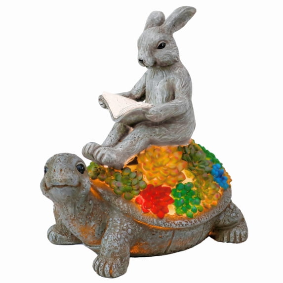 TERESA'S COLLECTIONS Rabbit Turtle Solar Garden Statue, 9" Resin Outdoor Light, Tortoise Bunny Sculpture for Patio Porch, Gift for Mom Women