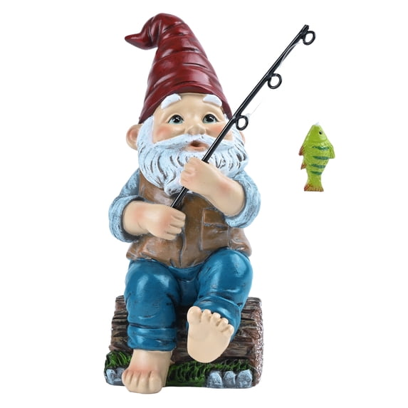 TERESA'S COLLECTIONS 8" Resin Garden Gnome with Fishing Pole Statue, Outdoor Patio Lawn Decor, Garden Gift