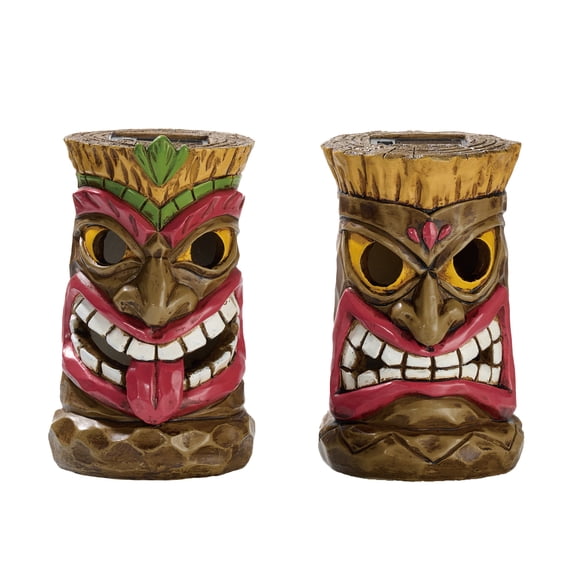 TERESA'S COLLECTIONS Set of 2 Tiki Head Garden Decor, 6" Solar Outdoor Light, Resin Tiki Torch Sculpture for Yard, Gifts
