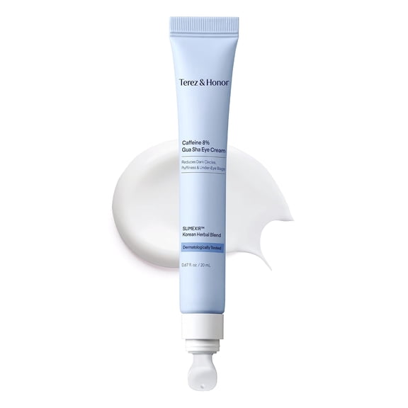 TEREZ & HONOR 8% Caffeine Eye Cream with SLIMEXIR & Korean Herbal Blend Dermatologist Tested Formula for Dark Circles, Puffiness, Eye Bags & Wrinkles with Gua Sha Applicator, 0.67 fl oz
